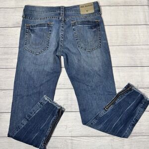 True Religion Frayed Finn Slim Tapered Zippered Ankles Distressed Blue Jeans 31